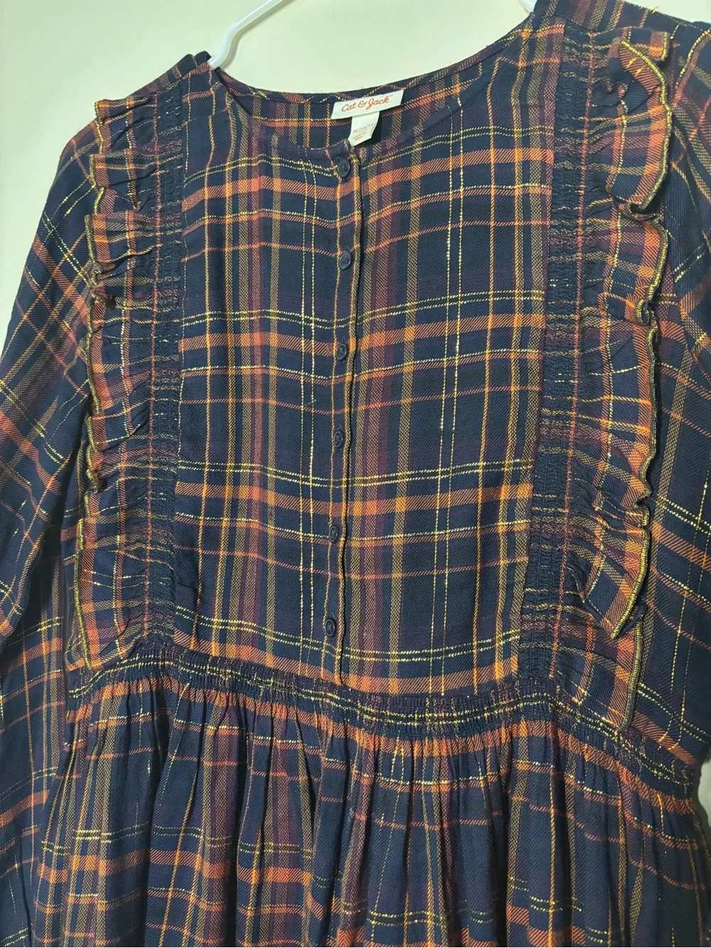Cat & Jack Plaid Metallic Gold Tread Ruffle Dress Girls XL NWOT